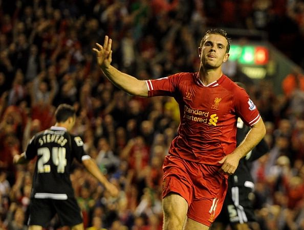 ordan Henderson of Liverpool celebrates after scoring their fourth goal during the Capital One Cup second round match between Liverpool and Notts County at Anfield on August 27, 2013 in Liverpool, England. (Getty Images)